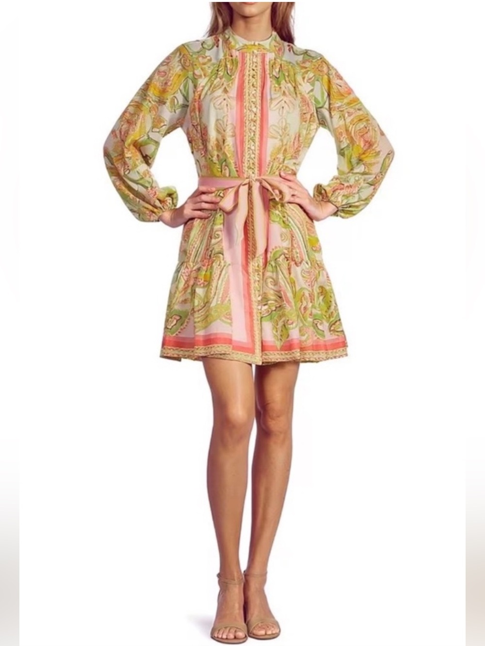Antonio Melani Brynn Floral Mock Neck Long Sleeve Belted Dress Pink Green NWT - Picture 2 of 14